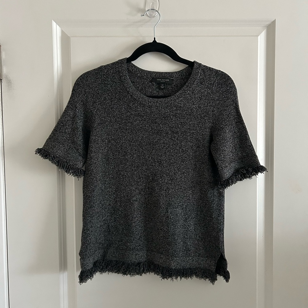 Ann Taylor Dark Gray Fringe Short Sleeve Tee